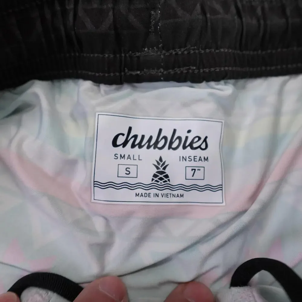 Chubbies Swim Trunks Shorts Mens Small Black Geometric 7 Inseam Lined Quick Dry